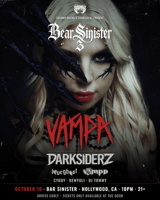 Bear Sinister III event flyer featuring VAMPA, Darksiderz, Love Ghost, vämpp, CYBOY, Dewyuli, and DJ Tommy