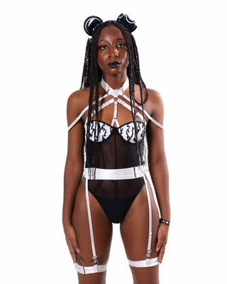 Bear Metal Mesh Bodysuit with Straps - Black/White SWIMWEAR