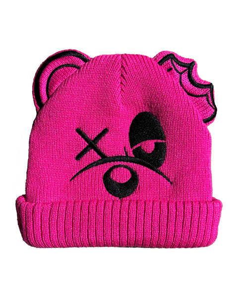 HATS PINK BEAR FACE BEANIE - NEON PINK