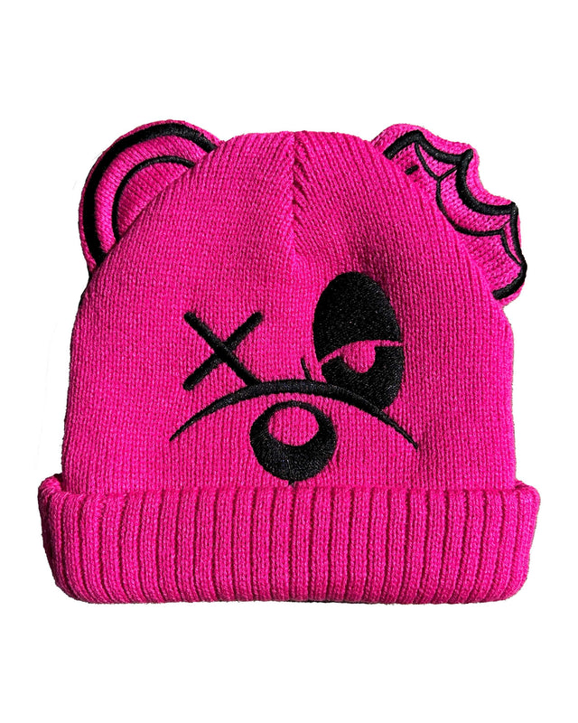 HATS PINK BEAR FACE BEANIE - NEON PINK