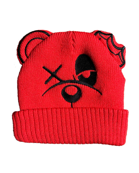 HATS RED BEAR FACE BEANIE - RED