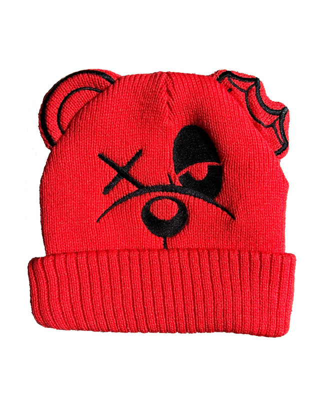 HATS RED BEAR FACE BEANIE - RED