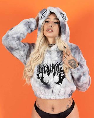 TOPS OISHI - BEAR METAL - FUZZY THINGZZ CROP HOODIE (OBSIDIAN)