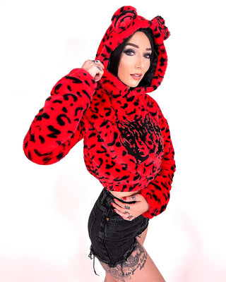TOPS OISHI - BEAR METAL - FUZZY THINGZZ CROP HOODIE (RED LEOPARD)